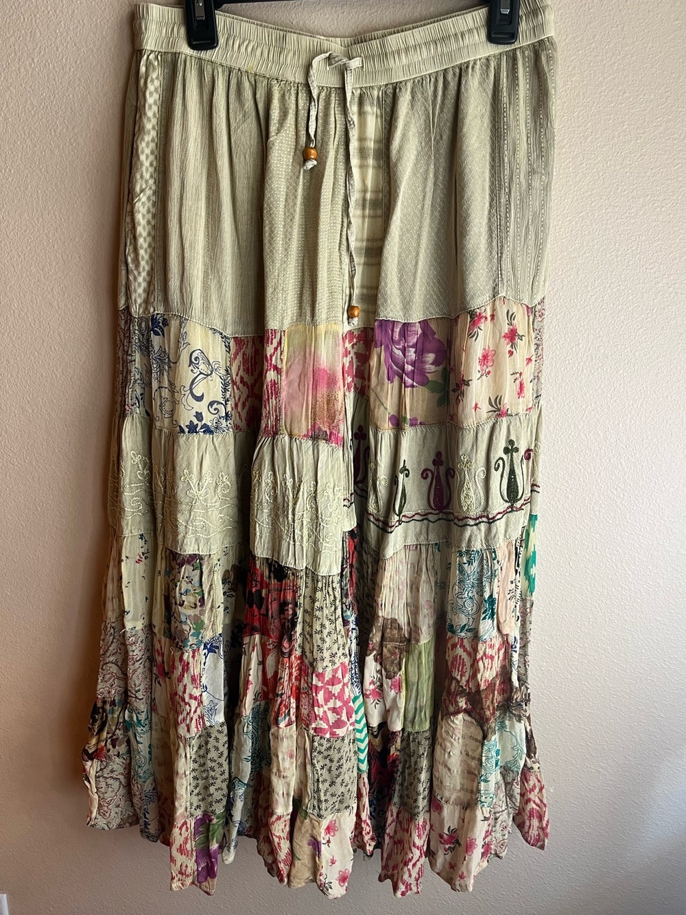Women's Bohemian Wide Leg Patchwork Pants - Cream Multi